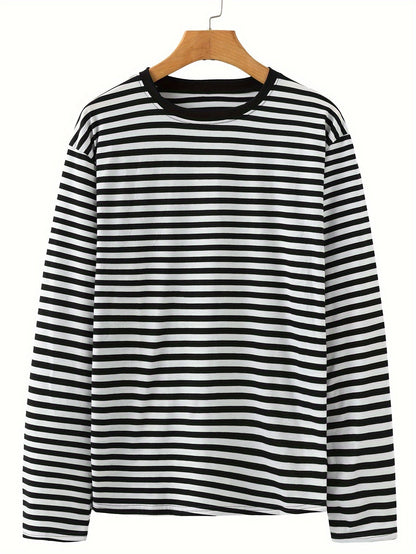 Gestreiftes Langarmshirt Rundhals Casual Blau Weiß