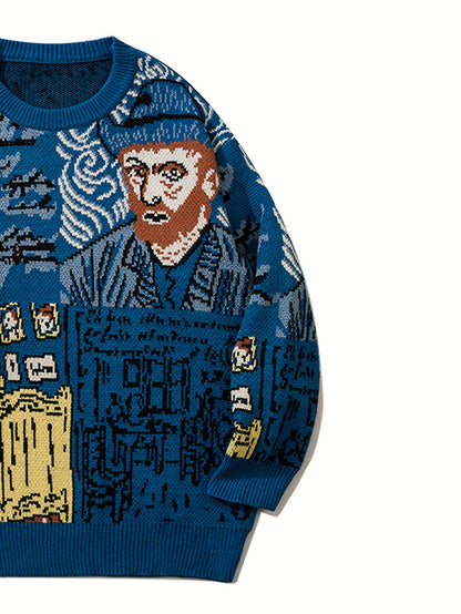 Pullover in maglia con scollo rotondo e motivo artistico blu