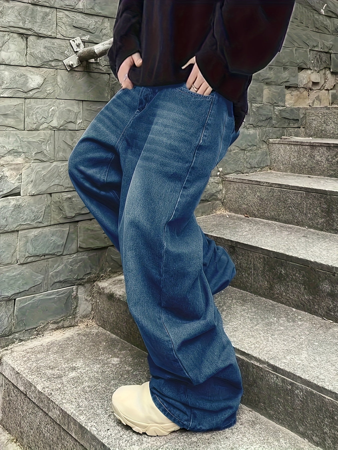 Loose Fit Jeans mit weitem Bein für Herren, Used-Look, Blau