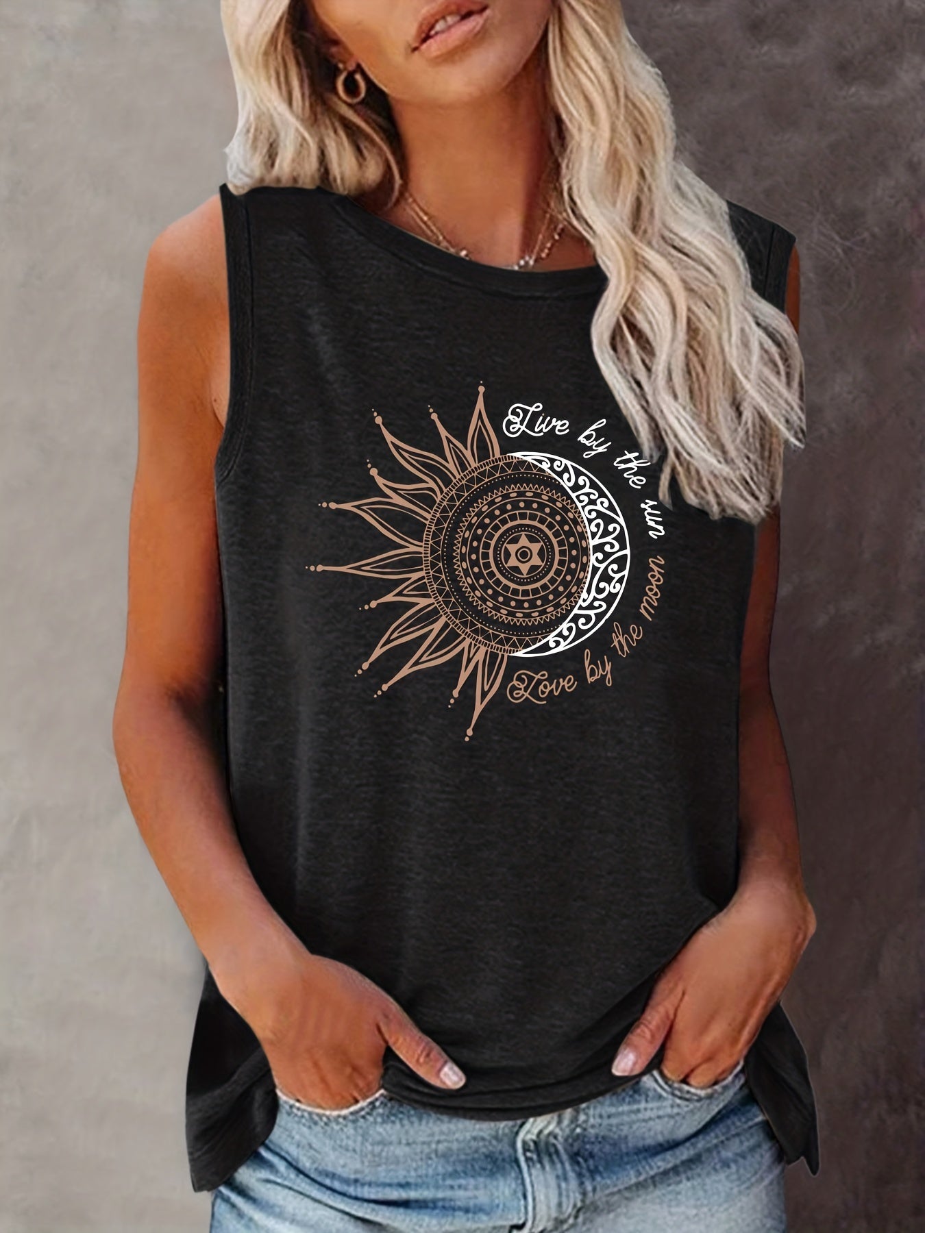 Dames tanktop met mandala zon- en maanprint – boho zomer vrijetijdsshirt