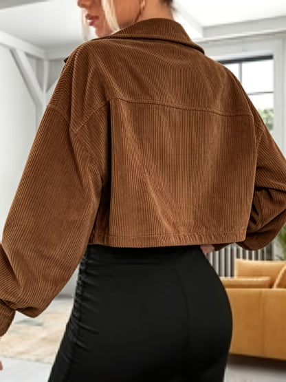 Damen Kurzjacke Rippstrick Cropped Jacke mit Knopfleiste & Brusttaschen
