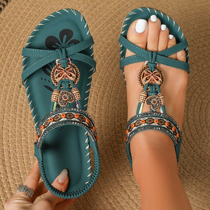 Sandalias bohemias para mujer con decoración étnica de perlas y plantilla cómoda – Tendencia de verano y ocio