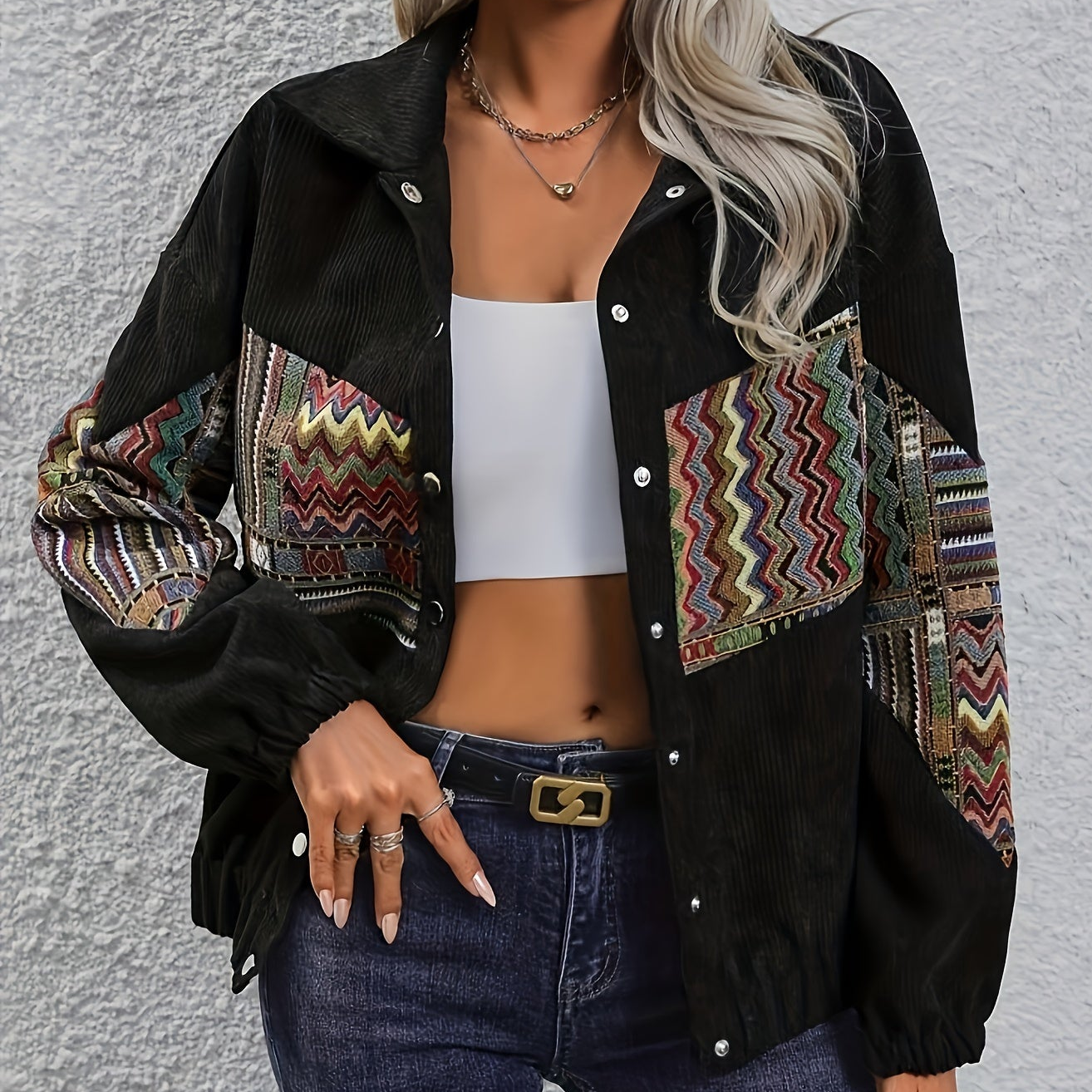 Damen Cordjacke mit ethnischem Patchwork-Muster Schwarz