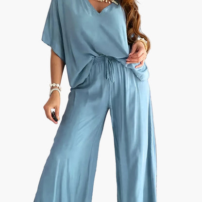 Damen Jumpsuit mit weitem Bein und V-Ausschnitt – Eleganter Freizeit Overall für Frühling und Sommer