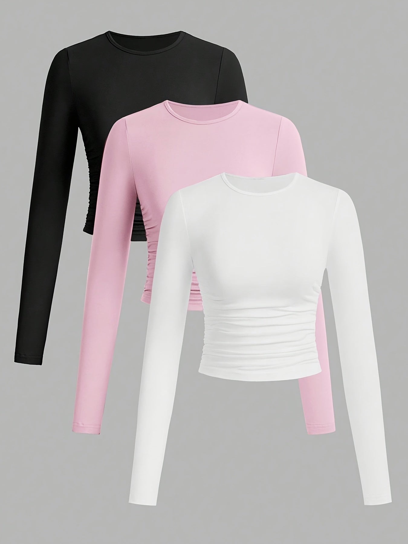 Damen Langarm Crop Top 3er-Pack mit Raffung, Rundhals