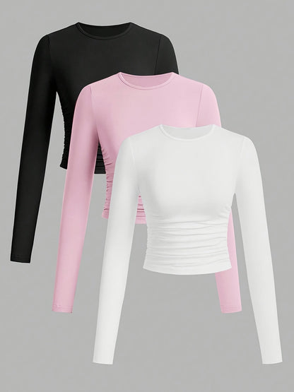 Damen Langarm Crop Top 3er-Pack mit Raffung, Rundhals