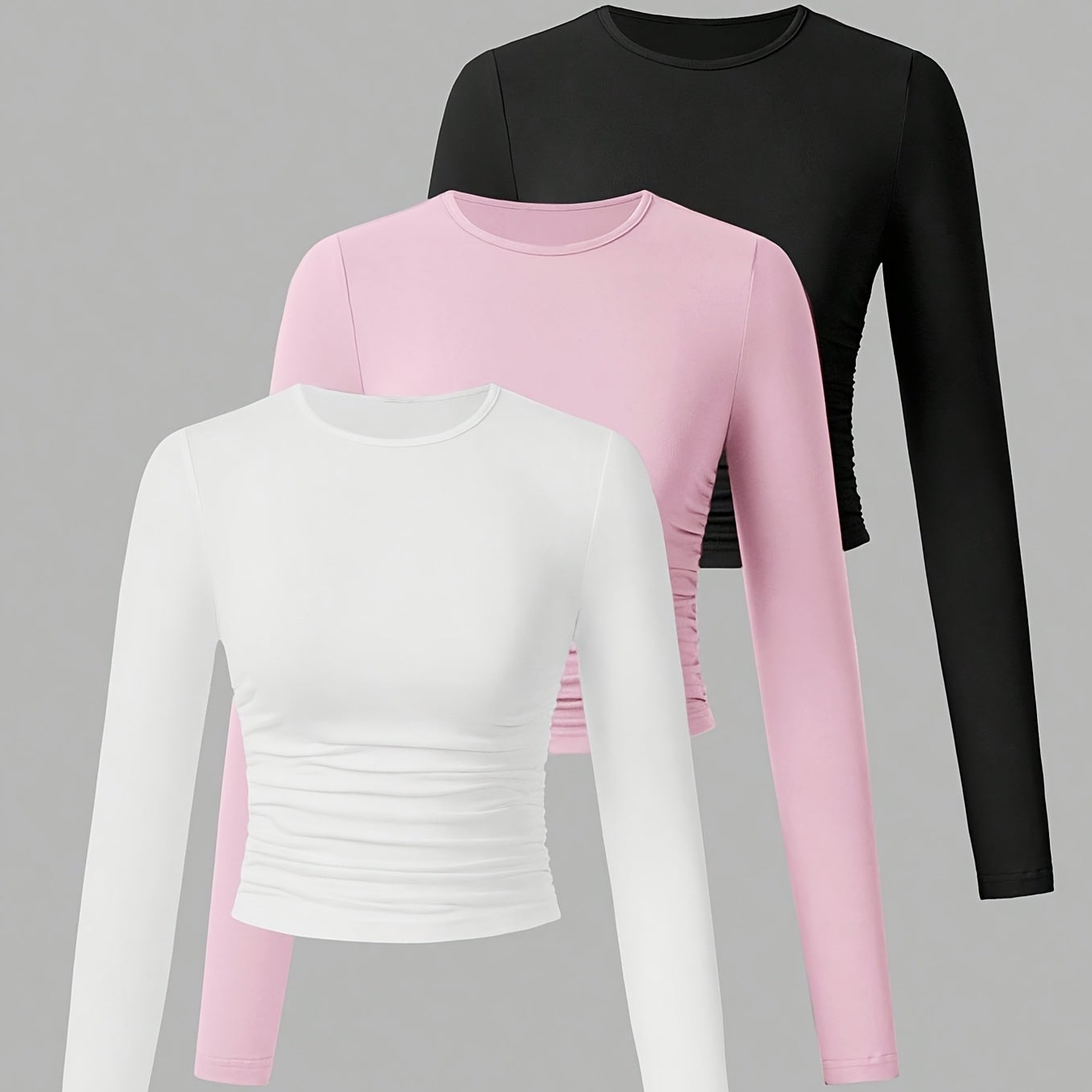 Damen Langarm Crop Top 3er-Pack mit Raffung, Rundhals