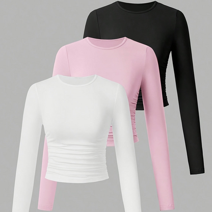 Damen Langarm Crop Top 3er-Pack mit Raffung, Rundhals