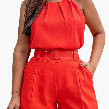Tuta corta estiva elegante da donna con cintura – Completo alla moda per tempo libero e vacanze