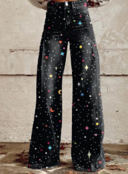 Jean large bohème pour femmes avec design artistique graphique et style vintage, idéal pour le streetwear et les festivals