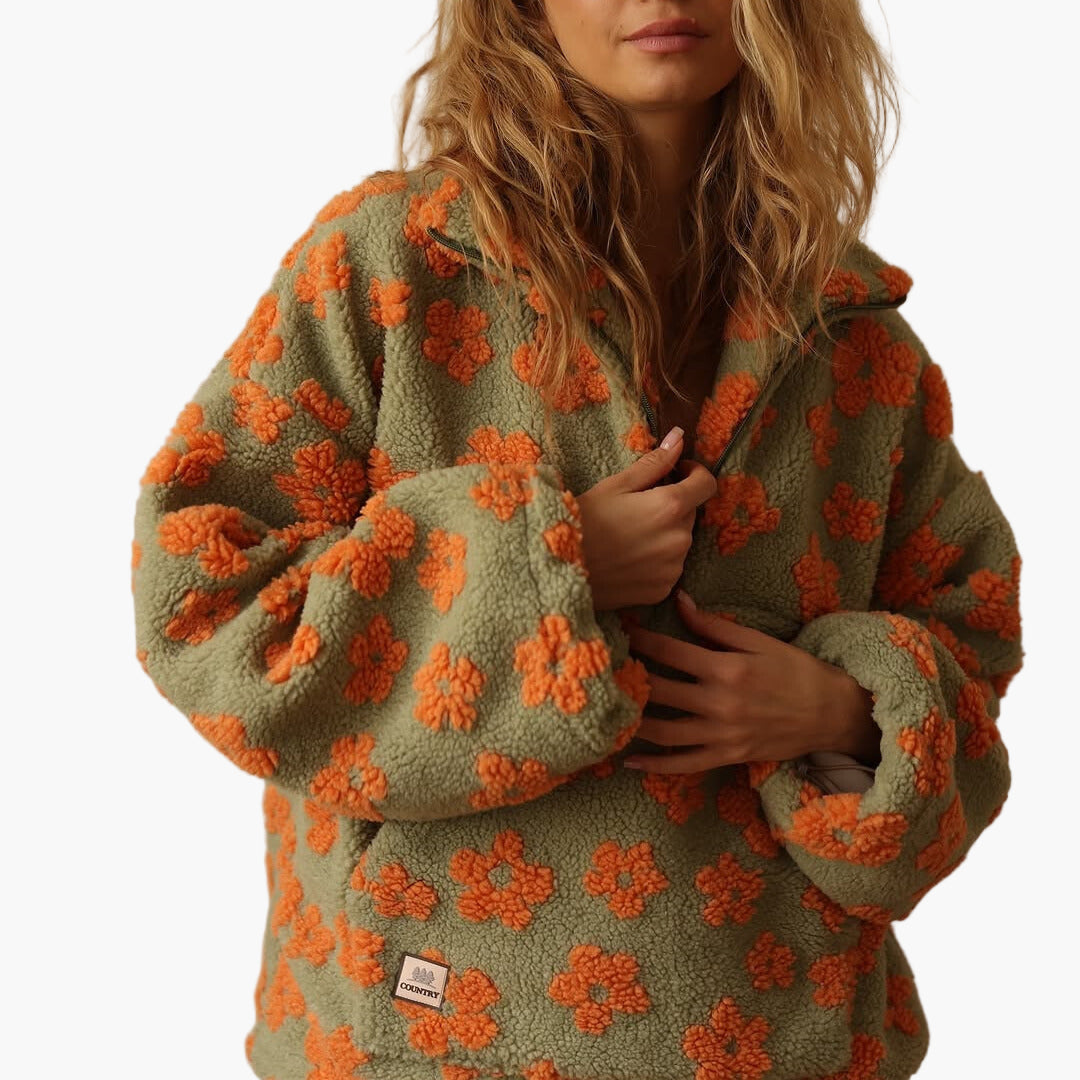 Pull polaire bohème femme à motif floral – Sweat douillet pour loisirs en automne et soirées cosy