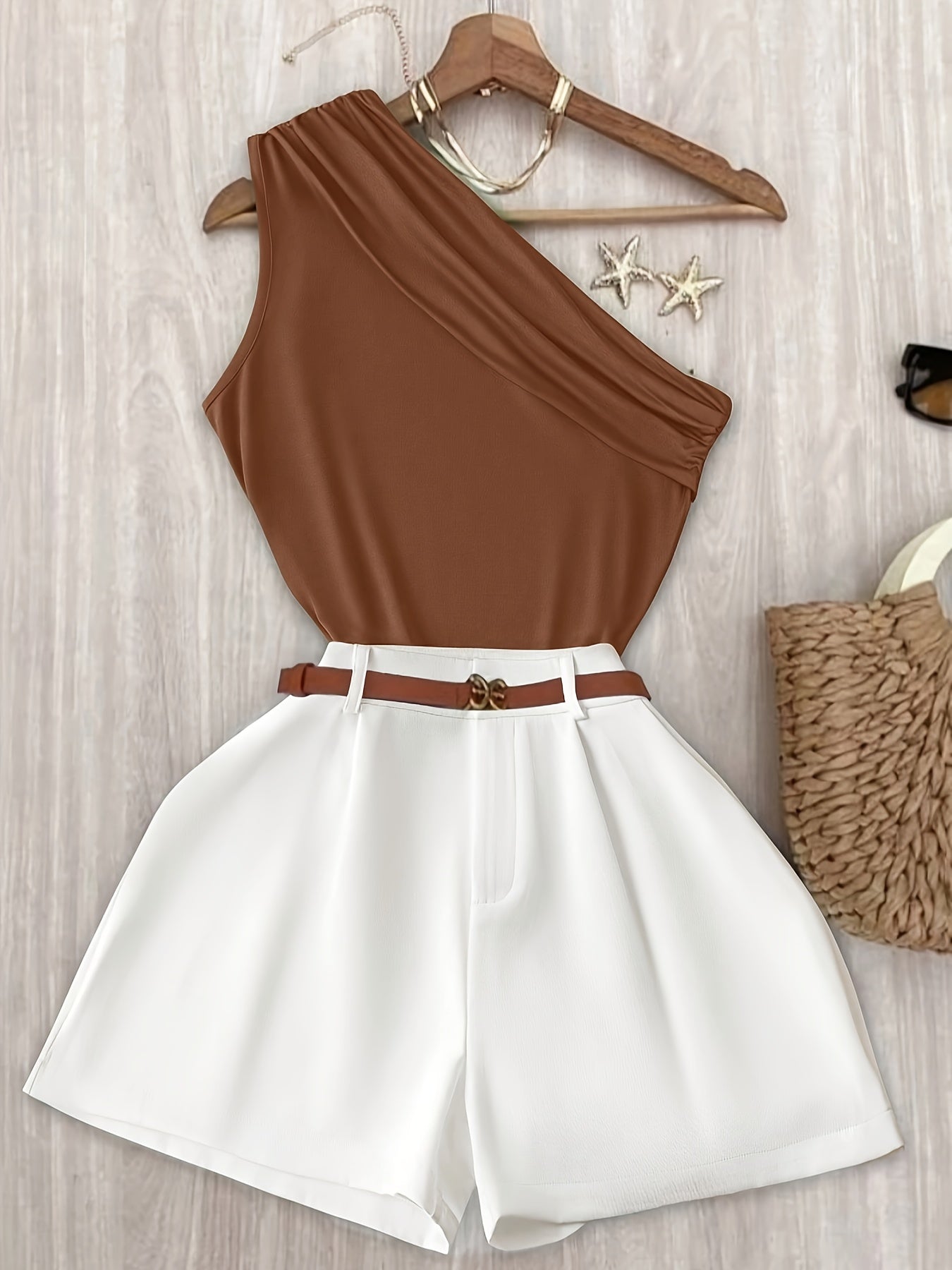 Damen Ein-Schulter Elegant Sommer Set mit Oberteil und Shorts – Modischer Freizeit-Look