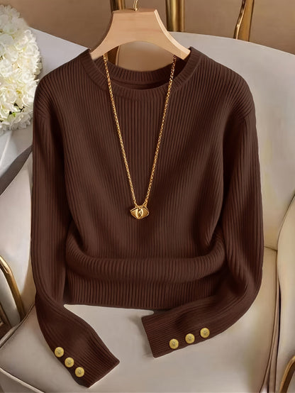 Gerippter Damen Pullover Rundhals Langarm mit Zierknöpfen