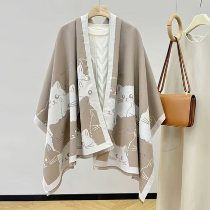 Katzen-Poncho mit Fransen Warmer Wickelschal Damen Cape Braun Gemustert