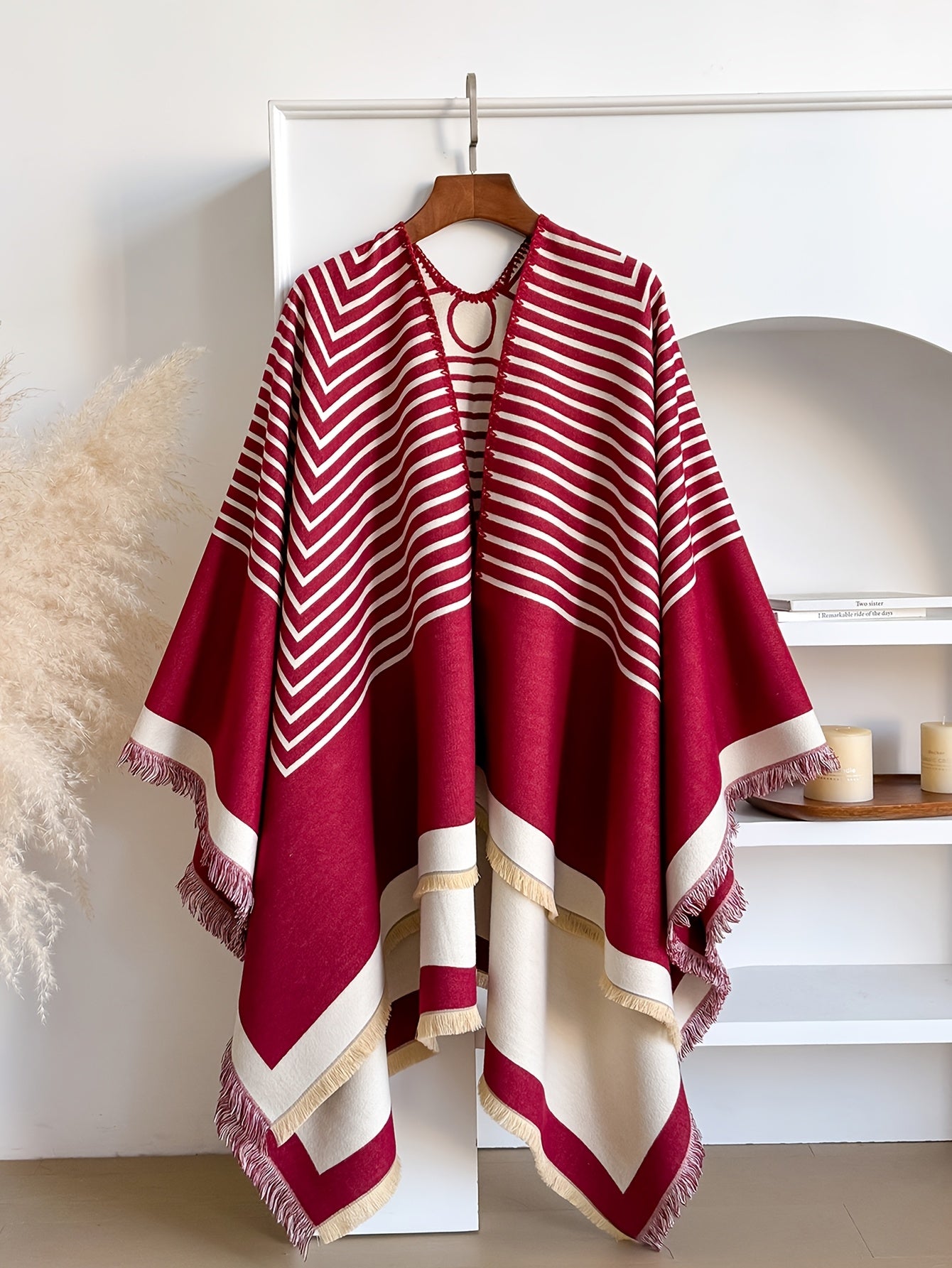 Women's Striped Fringe Trim Open Front Wrap Poncho Cape