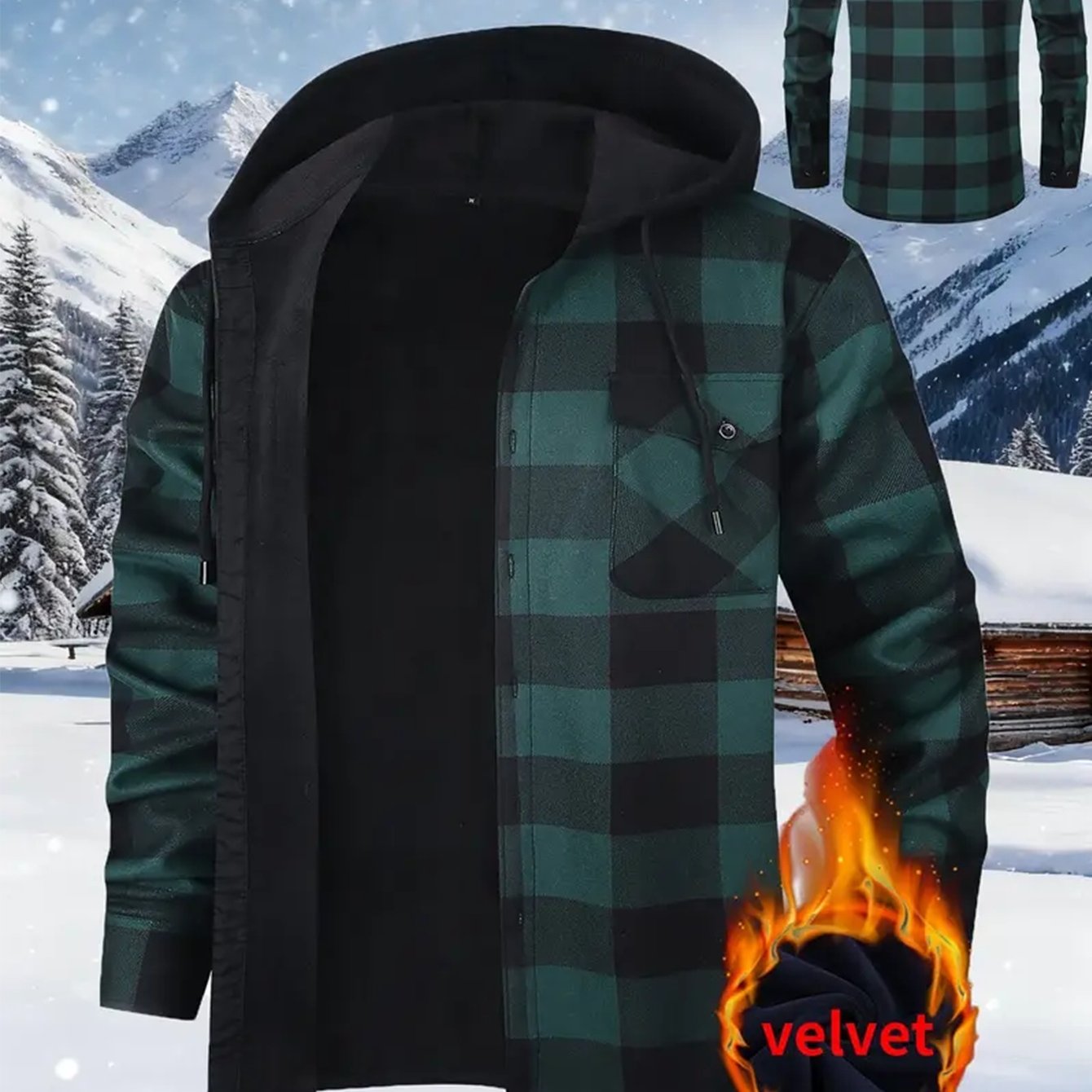 Giacca-camicia da uomo a quadri con cappuccio, imbottita e calda