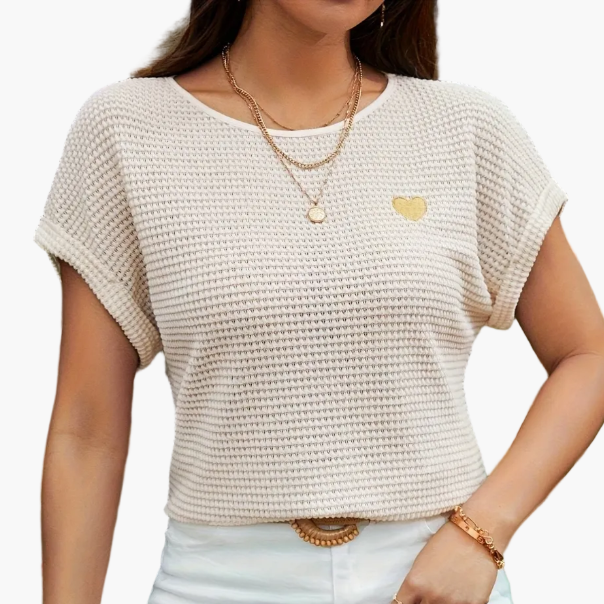 Damen Sommer Strickshirt mit Herz-Detail, Eleganter Freizeit-Look, Kurzarm Oberteil