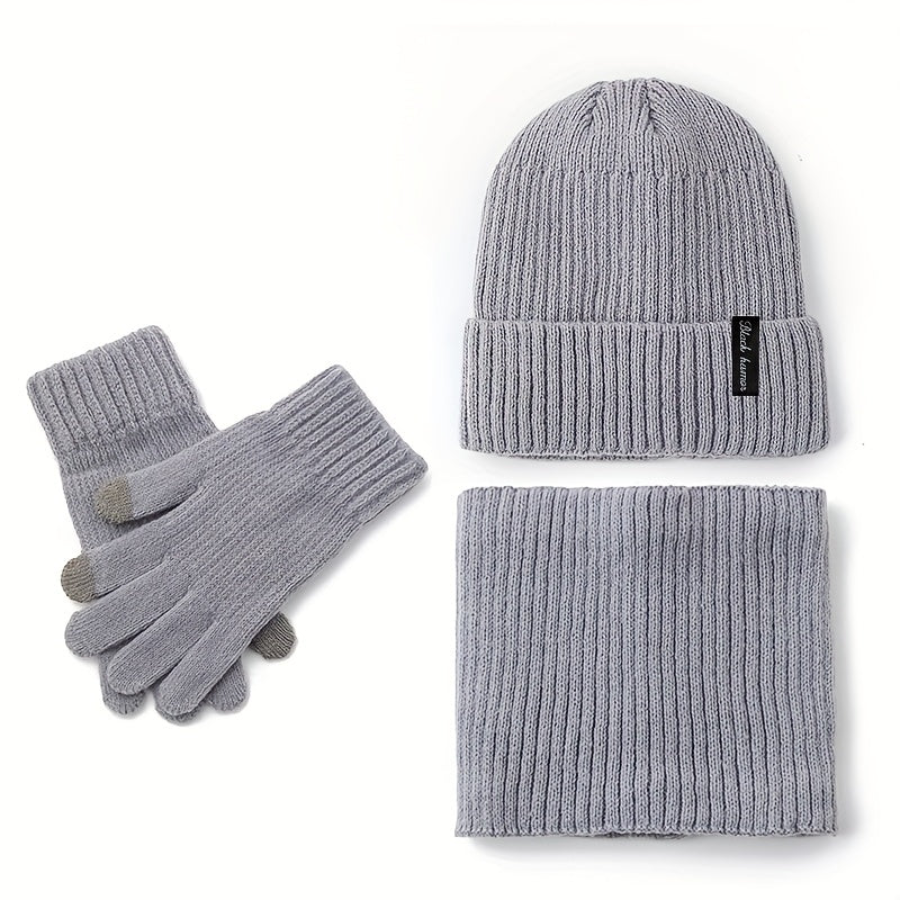 Winterset muts sjaal handschoenen ribbreisel fleecevoering, zwart