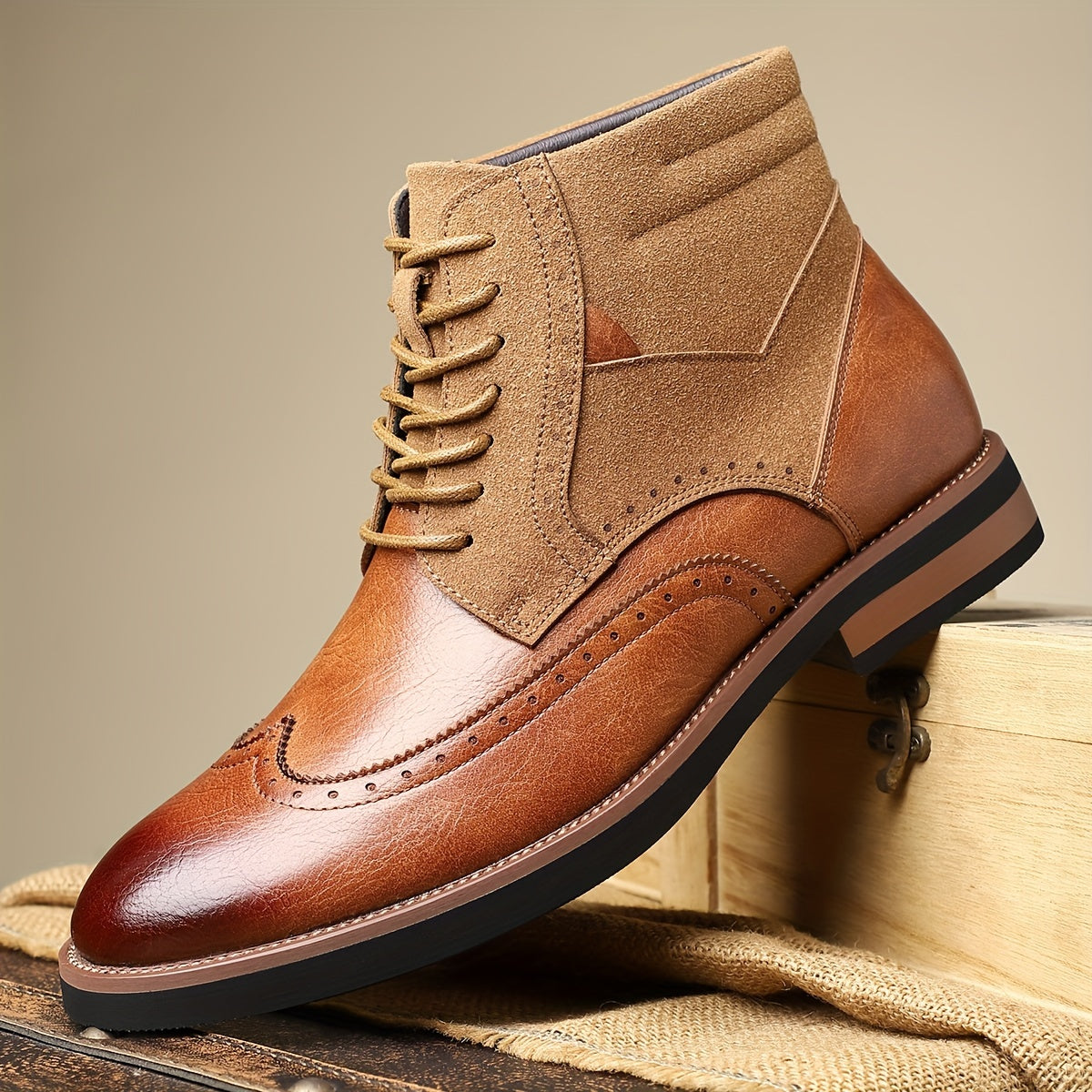 Herren Brogue Stiefel Schnürstiefeletten in Braun mit Kontrastmaterial
