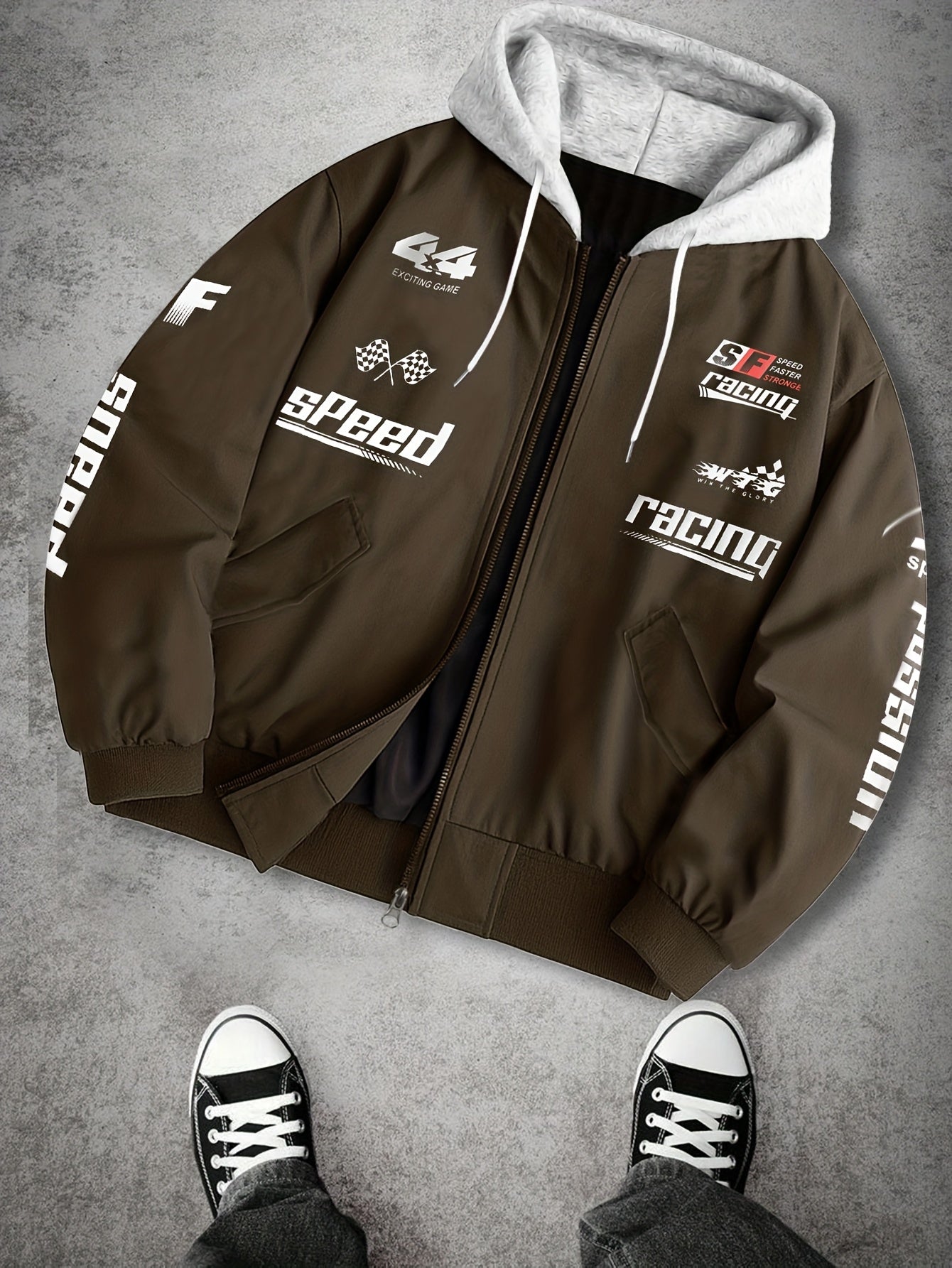 Herren Bomberjacke mit Kapuze Racing Aufdruck Sportlich Freizeit