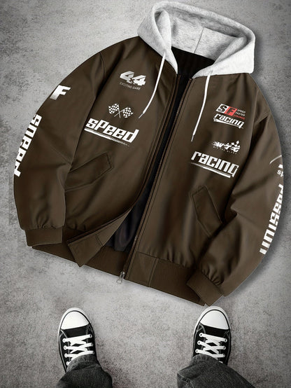 Herren Bomberjacke mit Kapuze Racing Aufdruck Sportlich Freizeit