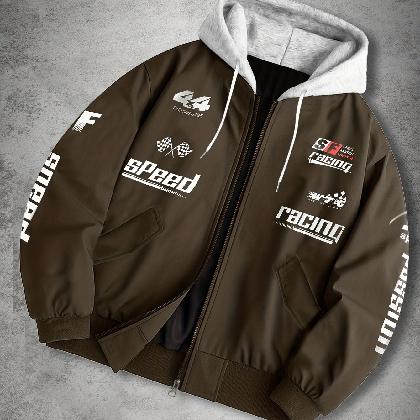 Herren Bomberjacke mit Kapuze Racing Aufdruck Sportlich Freizeit