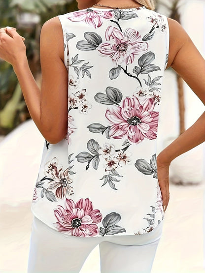 Blusa elegante da donna senza maniche con motivo floreale e scollo a V – Perfetta per estate e tempo libero