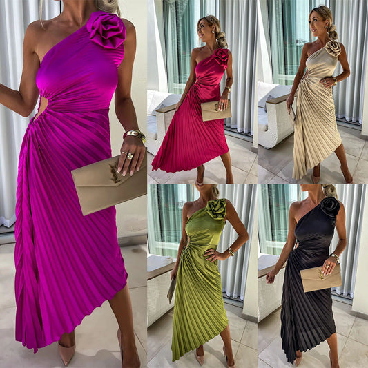 Dames one-shoulder plissé cocktailjurk met bloemenapplicatie – Elegante asymmetrische avondjurk voor feesten & evenementen