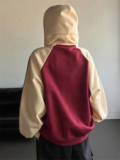 Kapuzenjacke Damen Reißverschluss Zweifarbig Rot Apricot Streifen Oversize