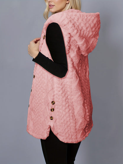 Gilet da donna con cappuccio in pile teddy e bottoni, bianco