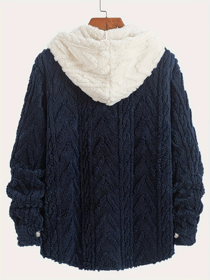 Giacca da uomo in peluche con cappuccio, chiusura con bottoni, effetto teddy