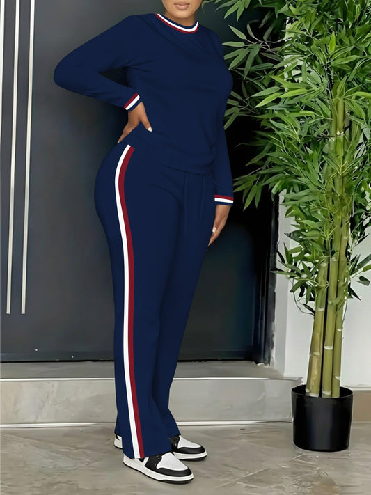 Conjunto de chándal deportivo para mujer, azul marino con rayas, parte superior de manga larga y pantalón
