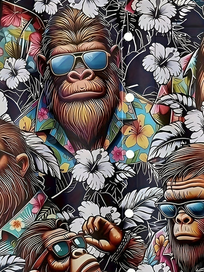 Chemise hawaïenne homme avec motif singe et imprimé floral – Chemise d'été amusante pour loisirs et fête