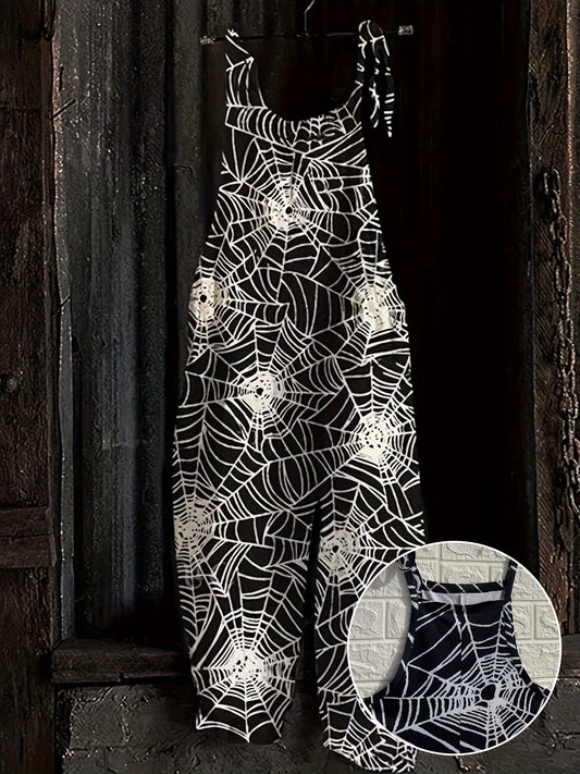 Damjumpsuit med spindelnätsmönster, svart, hängselbyxor