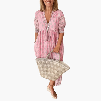 Dame midi boho-kjole med print og kvaster, sommerkjole til fritid med lommer