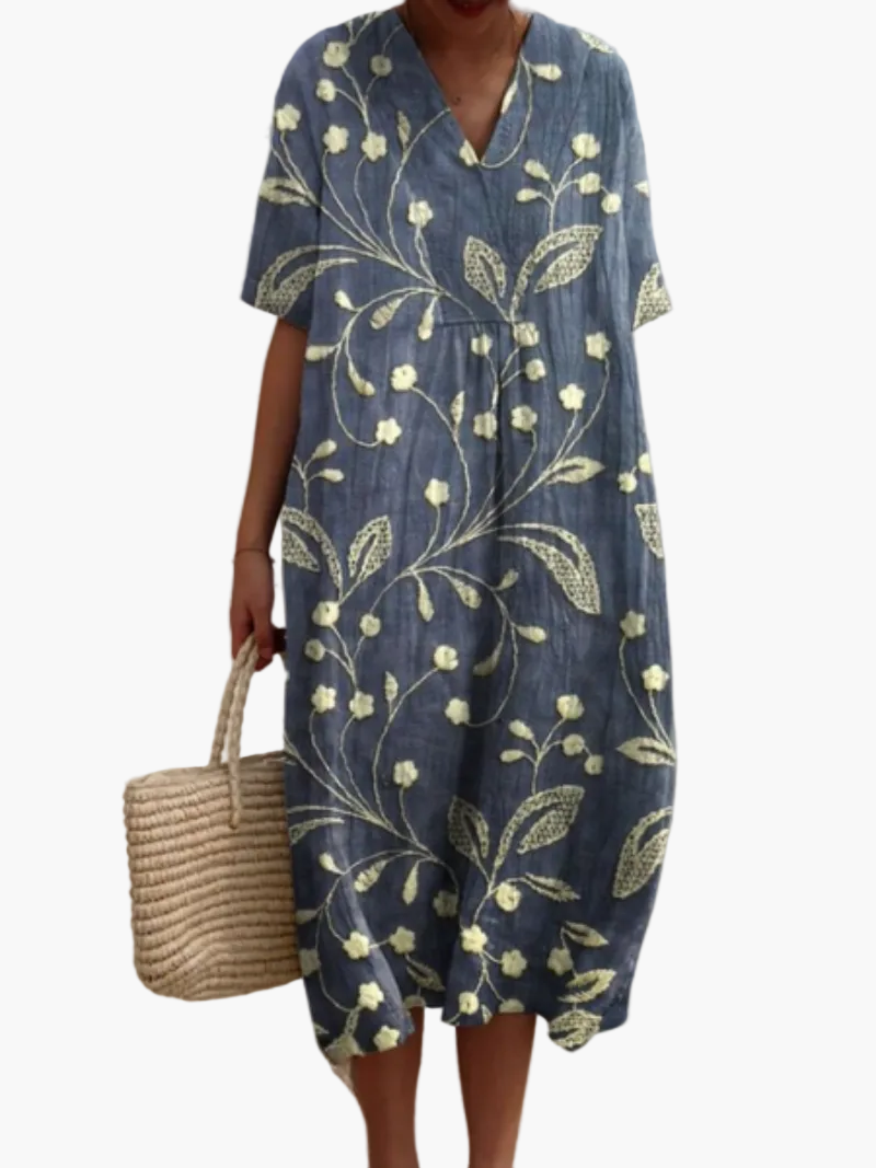 Dame sommerkjole i løs boho-stil – Fritidskjole med blomsterprint og V-udskæring, ideel til strand og hverdag