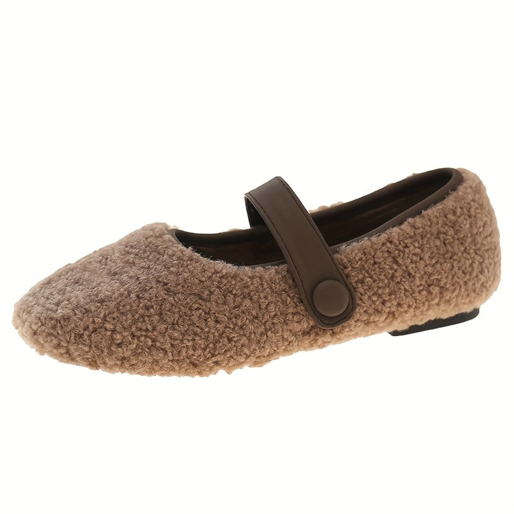 Damen Mary Jane Ballerinas Plüsch-Look mit Riemen und Knopfverschluss