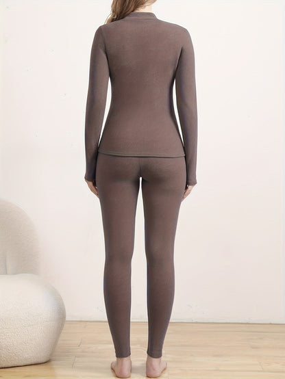 Damen Thermounterwäsche Set Warm Fleece Futter Rollkragen Top & Leggings