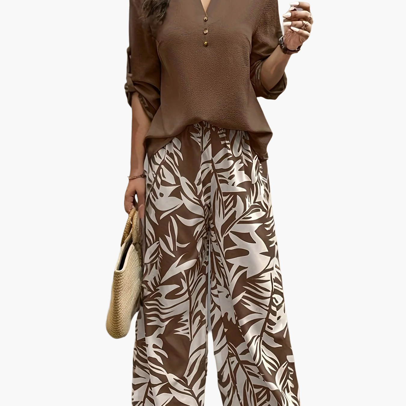 Abbigliamento casual elegante da donna con motivo tropicale – Camicetta e pantaloni larghi, perfetti per primavera e estate