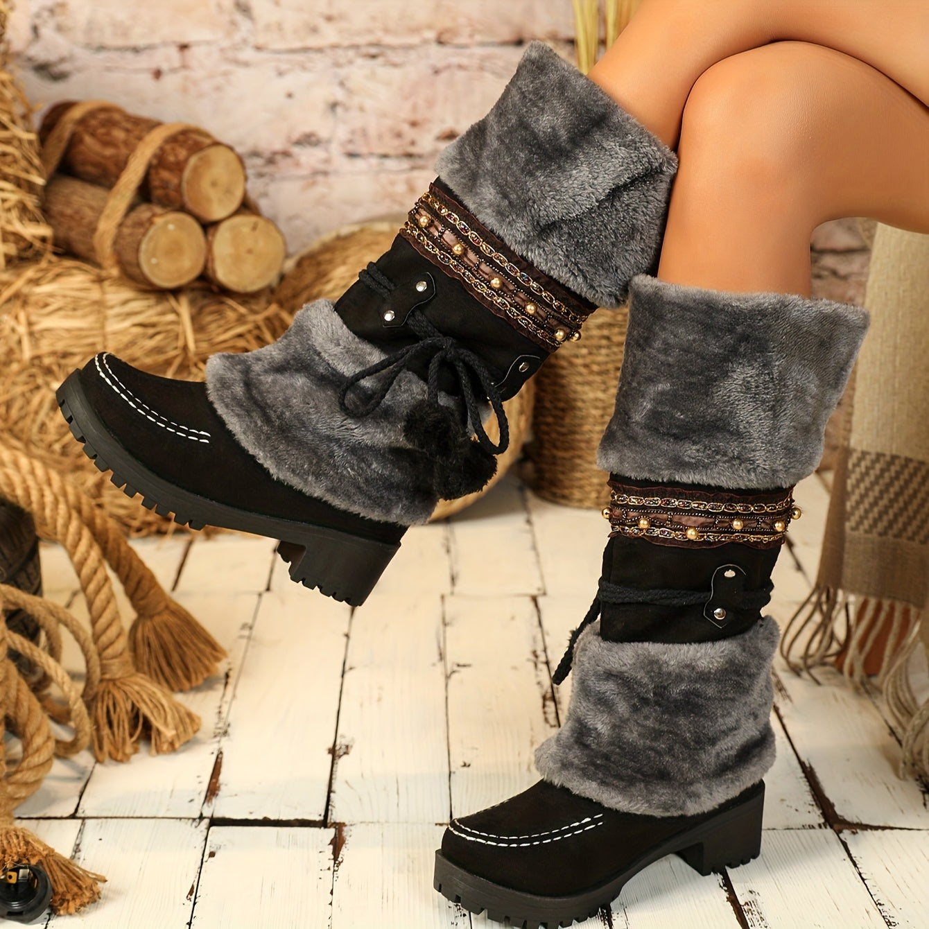 Damen Winterstiefel mit Kunstfell und Zierbändern, warmer gefütterter Schaft