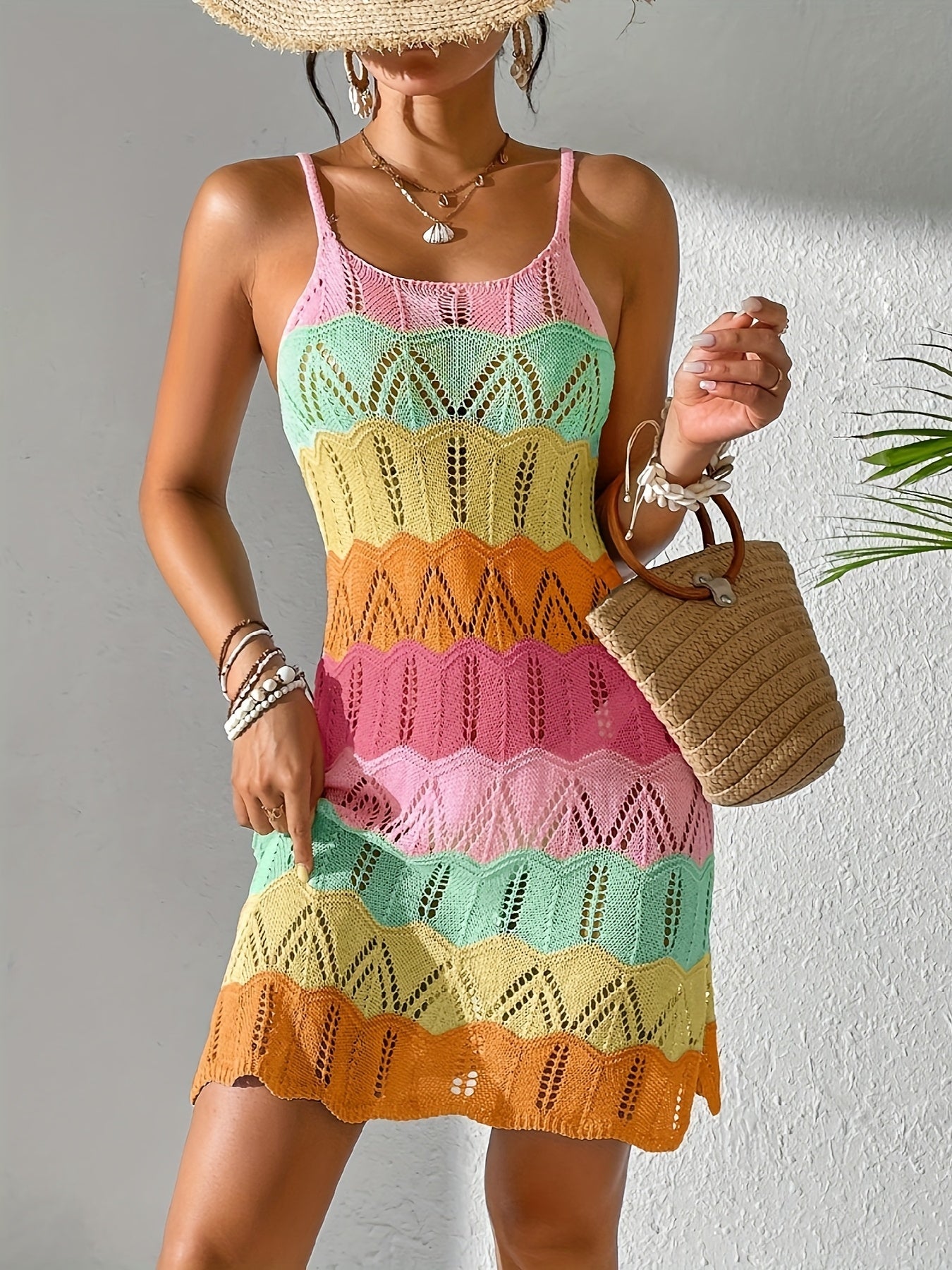 Robe mini tricotée bohème pour femme avec motif chevron – Idéale pour les vacances et l'été