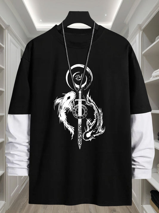 Unisex Langarm-T-Shirt mit Schwert- & Drachen-Print, Mehrfarbig