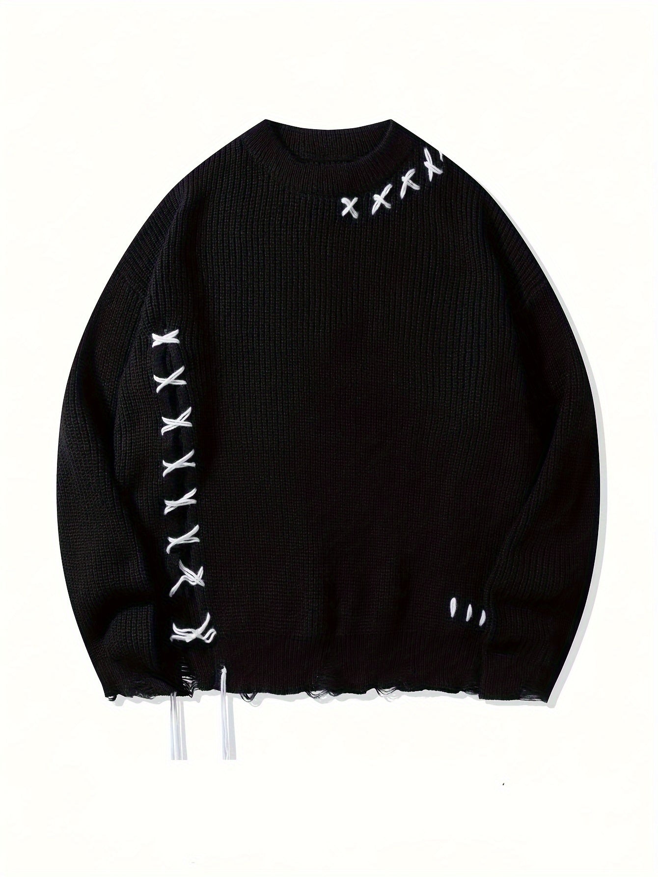 Unisex Strickpullover mit Kreuzstich-Detail und zerrissenem Saum