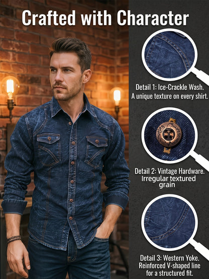 Herenoverhemd met lange mouwen, blauw, used-look, met borstzakken