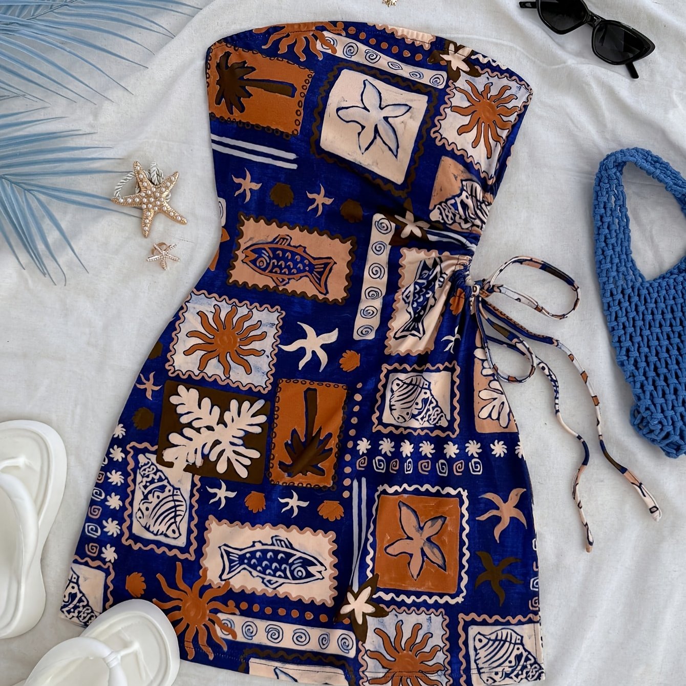 Damen Sommer Bandeau Mini Kleid mit Strandmotiv – Perfekt für Urlaub und Freizeit