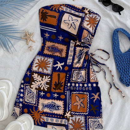 Damen Sommer Bandeau Mini Kleid mit Strandmotiv – Perfekt für Urlaub und Freizeit