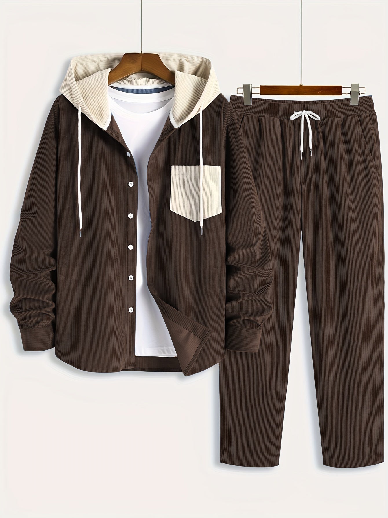 Conjunto de dos piezas para hombre con camisa tipo sudadera con capucha acanalada y pantalón jogger, traje informal