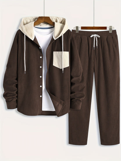 Conjunto de dos piezas para hombre con camisa tipo sudadera con capucha acanalada y pantalón jogger, traje informal