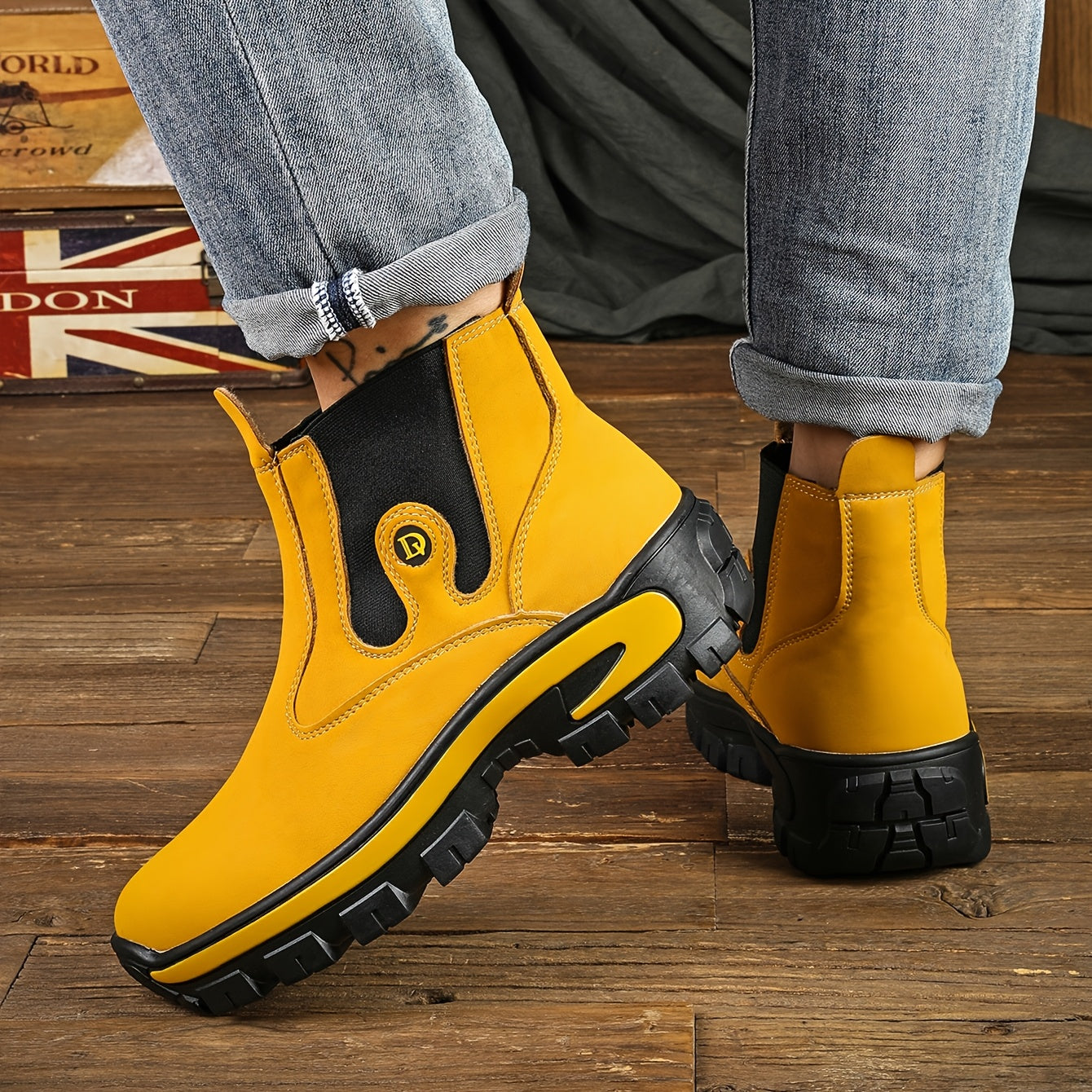Chelsea Boots Herren Gelb Schwarz mit Profilsohle