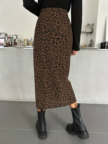 Gonna midi da donna con motivo leopardato e spacco